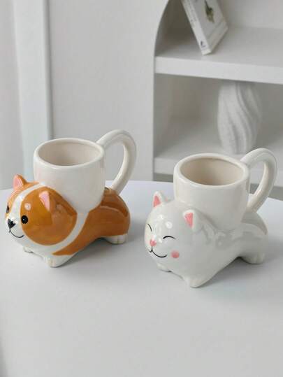 Cabin Kangaroo 1pc Cute Cat Ceramic Mug, Creative Animal Ceramic Cup, Girly Coffee Cup, Breakfast Cup, Desktop Pen Holder, Handmade 3D Cat Ceramic Cup, Cute Corgi Cat Water Cup, Home Coffee Mug, Gift Cup