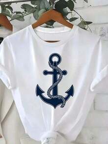 1 pieza de camiseta con estampado de ancla náutica para mujer - Camiseta marítima blanca y azul marino, tela suave y transpirable para playa, navegación, uso diario casual - Regalos para marineras, camisetas para cruceros, ropa náutica, detalle de nudos, camiseta ligera, blusa elegante, para amantes del estilo marinero. Holgada y cómoda. Camisetas casuales cómodas - J210g 100% algodón, todos los diseños están impresos. Unisexo. - Blanco - Ver 10