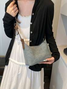 New Fashion Classic All-Match Solid Color Quilted Embroidery Thread Design, Rhinestone Inlaid Design Bow Handbag, Old Washed Fabric Shoulder Bag, Suitable For Shopping, Commuting To Work, Going Out For Parties - Brown - View 2