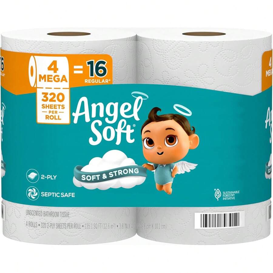 Angel Soft Toilet Paper, 4 Mega Rolls = 16 Regular Rolls, Soft And Strong Toilet Tissue - 320 Sheet (Pack Of 4) - View 1