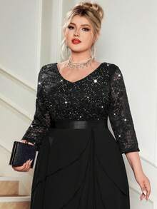 Vestido Maxi de Noche para Fiesta Talla Grande con Cuello en V, Lentejuelas, Encaje Floral, Volantes y Bajo de Gasa, Vestido Formal Elegante Negro para Invitada de Boda - Negro - Ver 11