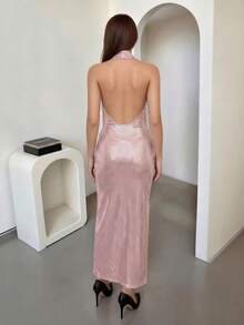 优雅性感针织露背深V领无袖派对连衣裙 春季 - 粉色 - 查看 2