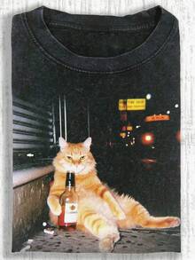 Summer Tops Vintage Cat Beer T-Shirt - 240g Washed Cotton Short-Sleeve Shirt, Orange Tabby Print, Loose Casual Summer Top, Suitable For Parties, Beach, And Gift Giving - Comfortable Wearing Experience For All Seasons - 黑色 - 查看 1