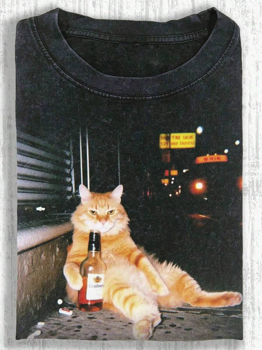 Summer Tops Vintage Cat Beer T-Shirt - 240g Washed Cotton Short-Sleeve Shirt, Orange Tabby Print, Loose Casual Summer Top, Suitable For Parties, Beach, And Gift Giving - Comfortable Wearing Experience For All Seasons - 黑色 - 查看 1