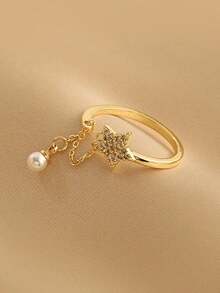 1 pieza Anillo abierto ajustable con estrella de circonia y perla, de estilo minimalista y versátil - Amarillo Oro - Ver 1