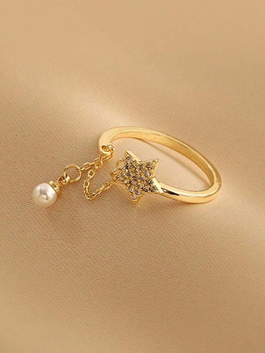 1 pieza Anillo abierto ajustable con estrella de circonia y perla, de estilo minimalista y versátil - Amarillo Oro - Ver 1