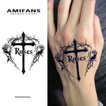 AMIFANS 哥特十字玫瑰半永久纹身贴纸，可持续1-2周，持久耐用，果汁纹身，逼真纹身，浪漫纹身，仿真纹身，防水，仿纹身效果，小众设计纹身，水果纹身，植物纹身 - 黑色 - 查看 10