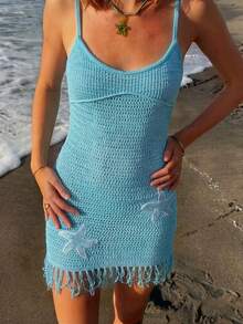Spring/Summer New Blue Lightweight Knit Dress, Y2K Sexy Bodycon Mini Slip Dress With Crochet Starfish & Tassel Hem Details, Showcasing Sweet Vibrant Vibe, Suitable For Beach Vacation, Romantic Date, Party, Casual Outing, Holiday Travel - Blue - View 4