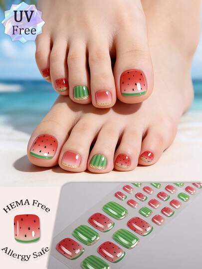 [UV Free] Pegatinas de uñas de gel con degradado de sandía de verano, set de 34 piezas, diseño exquisito y lindo de sandía, brillante y duradero, sin necesidad de lámpara UV, adecuado para vacaciones de verano, fiesta de piscina, uso diario, regalo para niñas