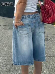 Plus Size Bermuda Shorts With Light Wash, Straight Leg Design With Pockets And Zipper, Creating A Fresh And Stylish Look Casual Summer - Light Wash - View 3