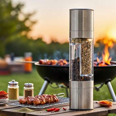 1 Máy xay muối và tiêu hai đầu cầm tay, chất liệu thép không gỉ cao cấp, máy xay gia vị nhà bếp chắc chắn, kiểu dáng cổ điển tiện dụng, lớp hoàn thiện mạ bạc sáng bóng, hai đầu xay, sử dụng thủ công tiết kiệm sức lao động, ứng dụng rộng rãi, hoàn hảo cho nhà bếp gia đình, nhà hàng, tiệc nướng ngoài trời, cắm trại và quà tặng Ngày của Mẹ.