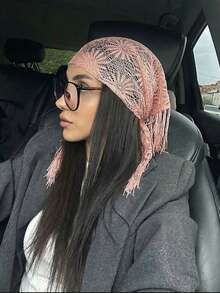 1pc Women's Solid Color Elegant Lace Pearl Cutout Headscarf, Luxury Bohemian Hijab/Shawl, Suitable For Daily Wear, Weddings, Churches, Formal Events - Coral Pink - View 2