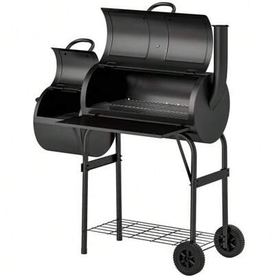 Steel Charcoal Grill BBQ Smoker With Lid, Thermometer, Wheels, Storage Shelf, Mobile Grill Cart With Air Intake And Charcoal Tray, Charcoal Grill Cart For Barbecue, Camping, Garden, 109x60x120 Cm