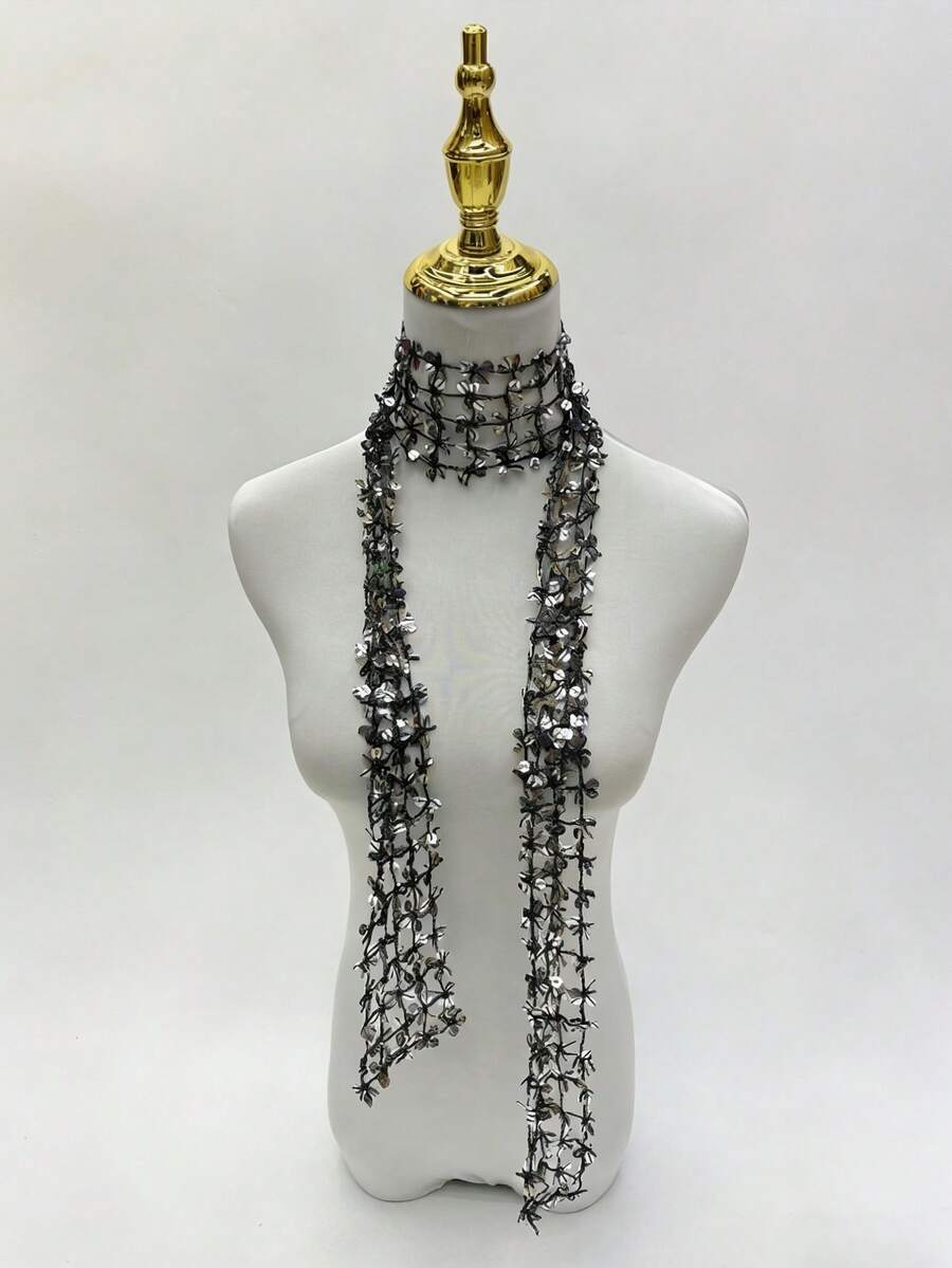 1pc Fashionable Versatile Sequin Scarf, Multifunctional Sequin Neck Wrap, Stylish Party Celebration Scarf For Women - Black - View 1