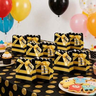 6pcs/30pcs Bee Themed Gift Boxes, Black & Yellow Striped Bow Sweet Hang Tag, Birthday Party Favor, Baby Shower, Wedding, Mother's Day, Thanksgiving, Teacher's Day Gift Packaging Boxes