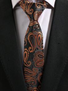 1条男士经典佩斯利花纹领带，黑橙紫图案西装领带，适合商务、派对和日常穿着。 - 彩色 - 查看 6