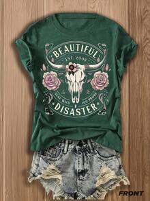 Vintage Bull Skull Pattern T-Shirt - Exquisite Printing, Women's Casual Fashion,  Streetwear, Soft Cotton Blended T-Shirt - Màu xanh lá cây đậm - Xem 1