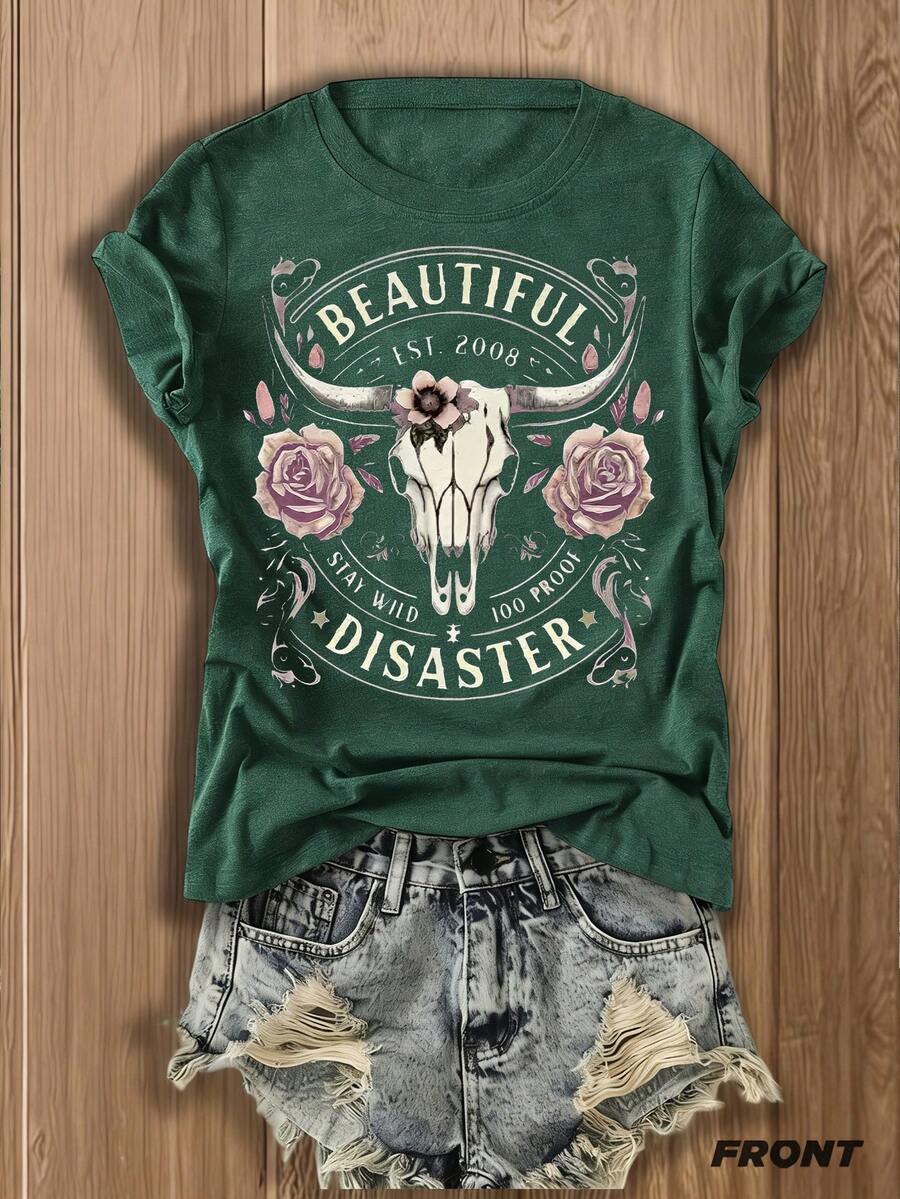 Vintage Bull Skull Pattern T-Shirt - Exquisite Printing, Women's Casual Fashion,  Streetwear, Soft Cotton Blended T-Shirt - Màu xanh lá cây đậm - Xem 1