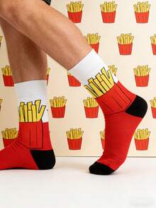 1 双男士红、白、黑撞色薯条图案中筒袜，四季皆宜。 - 彩色 - 查看 4