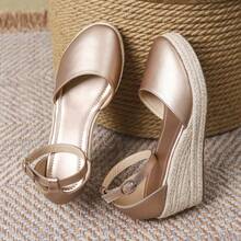 Women's High Heel French Platform Sandals, Tie-Up Woven Round Toe Hollow Out One-Strap Shoes - Champagne - View 3