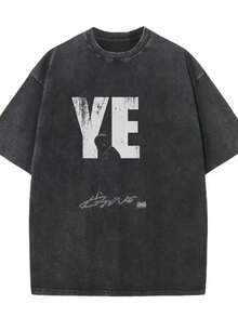 Summer Outfits Distressed Print Men's Washed Short-Sleeve T-Shirt, White "YE" Pattern Silhouette Design, Suitable For Daily Casual Parties, Vacation Outfits For Women, Button-Up Vacation Outfits For Men, Manfinity ZUJV - 黑色 - 查看 6