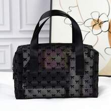 极简时尚化妆包，植绒黑色蝴蝶结设计，透气网布内衬，便捷双提手设计，可作洗漱包、沙滩包使用，适合旅行和日常使用，也是馈赠佳品。 - 黑色 - 查看 1