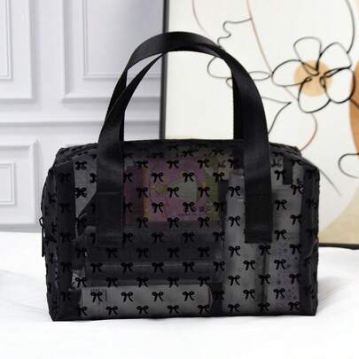 Minimalist Fashion Cosmetic Organizer Bag, Flocked Black Bowknot Design With Breathable Mesh, Convenient Dual Handle Toiletry Bag, Beach Bag, Suitable For Travel And Daily Use, Great Gift Option