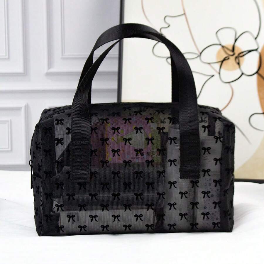 极简时尚化妆包，植绒黑色蝴蝶结设计，透气网布内衬，便捷双提手设计，可作洗漱包、沙滩包使用，适合旅行和日常使用，也是馈赠佳品。 - 黑色 - 查看 1