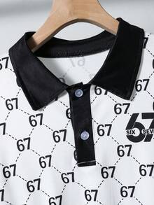 Boys' Casual Vacation Fashionable Luxury Ins Style Brand Fully Allover Print Number 67 Design Short Sleeve Polo Shirt, Spring/Summer - Black and White - View 4