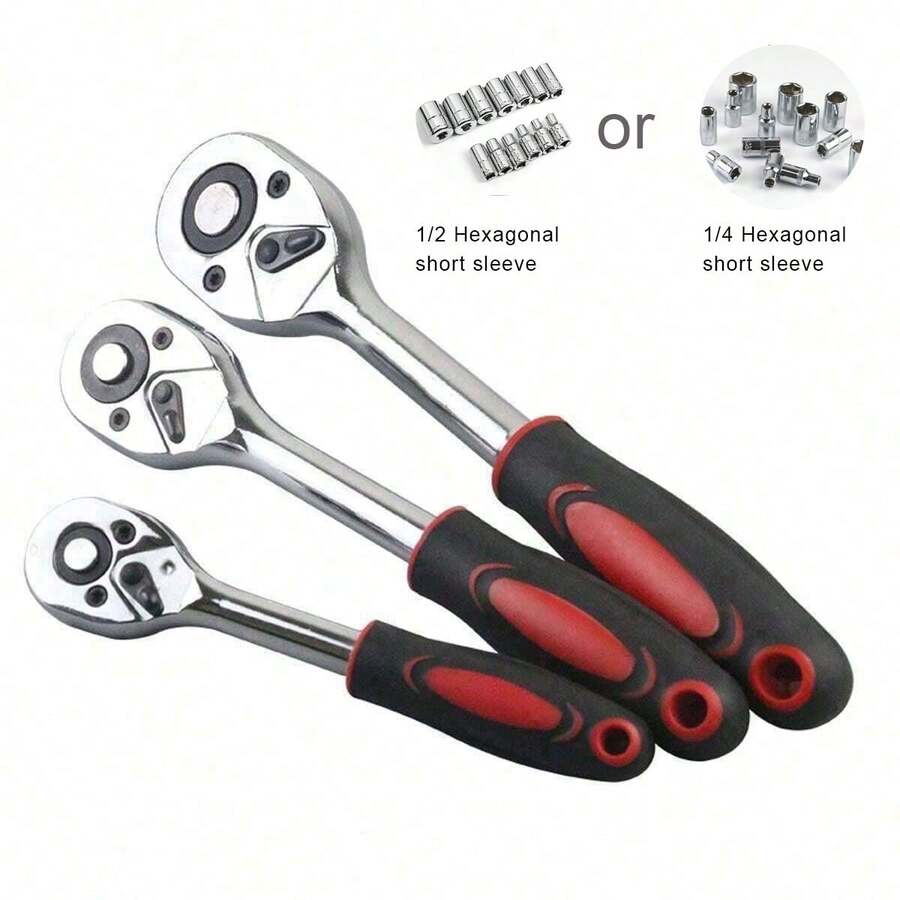 1 Set Manual Tools: Ratchet Wrench, 24-Tooth Straight Handle, 72-Tooth Bent Handle, Quick Release, Bi-Directional, Car Repair Hardware Tools 1/4", 1/2" Large & Small Short Hex Socket Tools 8-32mm, Quick Car Repair Mechanic Socket Set - A - View 1