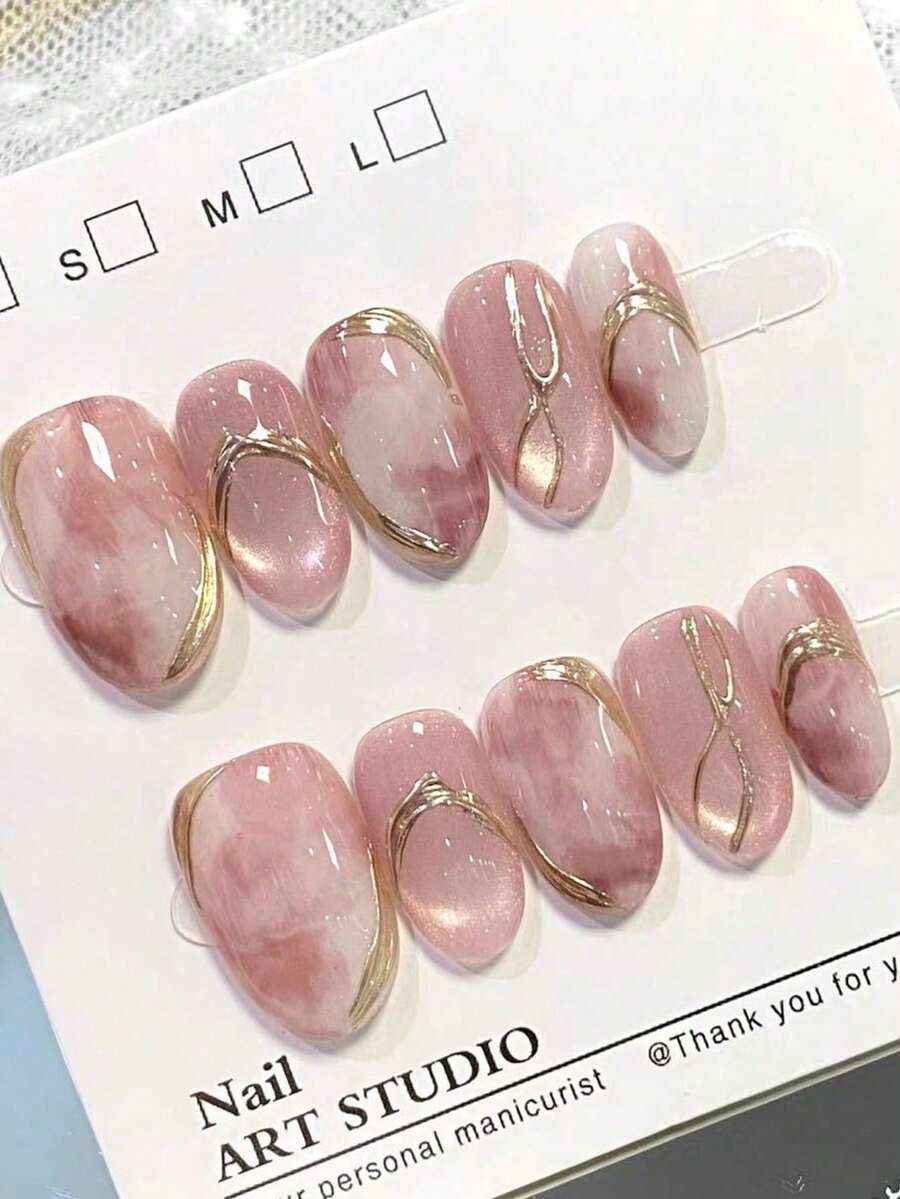 10Pcs Handmade Press-On Nails, Short Oval-Shaped Nails, Purple Manicure, Luxurious Sweet Style, Pink-Purple Gradient Wash, Fine Shimmered Cat-Eye, Hand-Painted Gold Lines, Delicate Press-On Nails, Suitable For Women And Girls, For Use In Spring, Summer, Autumn, Winter, Party Occasions, And Daily Life. - Multicolor - View 1