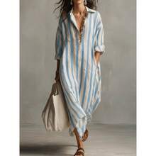 European And American Loose V-Neck Long Striped Summer Nine-Quarter Sleeve Women, Shirt And Dress,Conjunto Para Mujer - Màu xanh lam - Xem 1