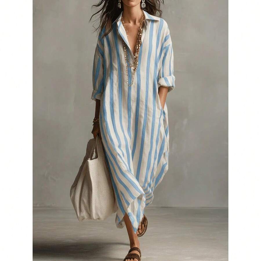 European And American Loose V-Neck Long Striped Summer Nine-Quarter Sleeve Women, Shirt And Dress,Conjunto Para Mujer - Màu xanh lam - Xem 1