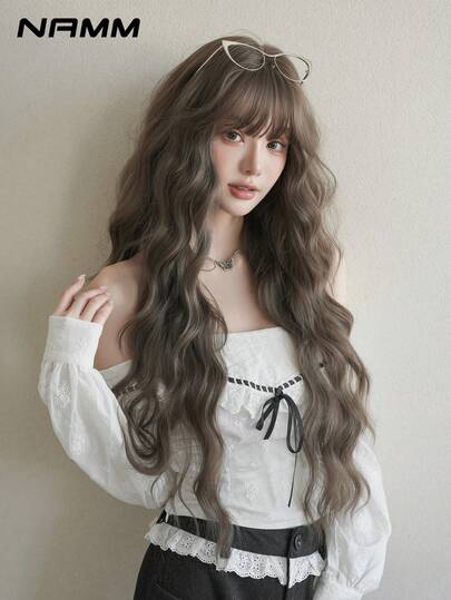 NAMM Tóc giả dài 32 inch màu nâu, kiểu gợn sóng dành cho nữ, tóc giả xoăn bồng bềnh có mái, tóc giả làm từ sợi tổng hợp, thích hợp để đội hàng ngày đi làm, dự tiệc lễ hội âm nhạc, hóa trang cosplay, dự tiệc mùa hoa anh đào, chụp ảnh đường phố, quà tặng cho nữ. Phụ kiện tóc giả