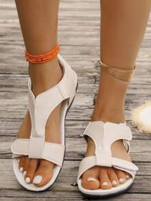 新款系带平底凉鞋，休闲舒适日常穿着简约设计一脚蹬平底沙滩凉鞋 - 米色 - 查看 1