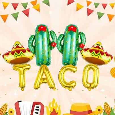 Set de 8 globos con tema de carnaval, incluye globo con letra "Taco", globo de cactus, globo de sombrero, adecuado para decoración de fiesta de carnaval mexicano, fiesta de tacos, 5 de mayo, Mardi Gras, decoraciones para fiesta de tacos, fiesta de cumpleaños, fondo temático de fiesta mexicana