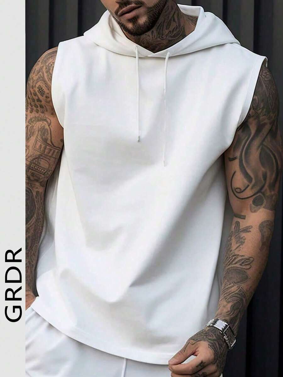 Áo tank top nam GRDR mùa hè có mũ, màu trơn, kiểu dáng thể thao thường ngày, thời trang và tối giản cho trang phục thể thao mùa hè. - trắng - Xem 1