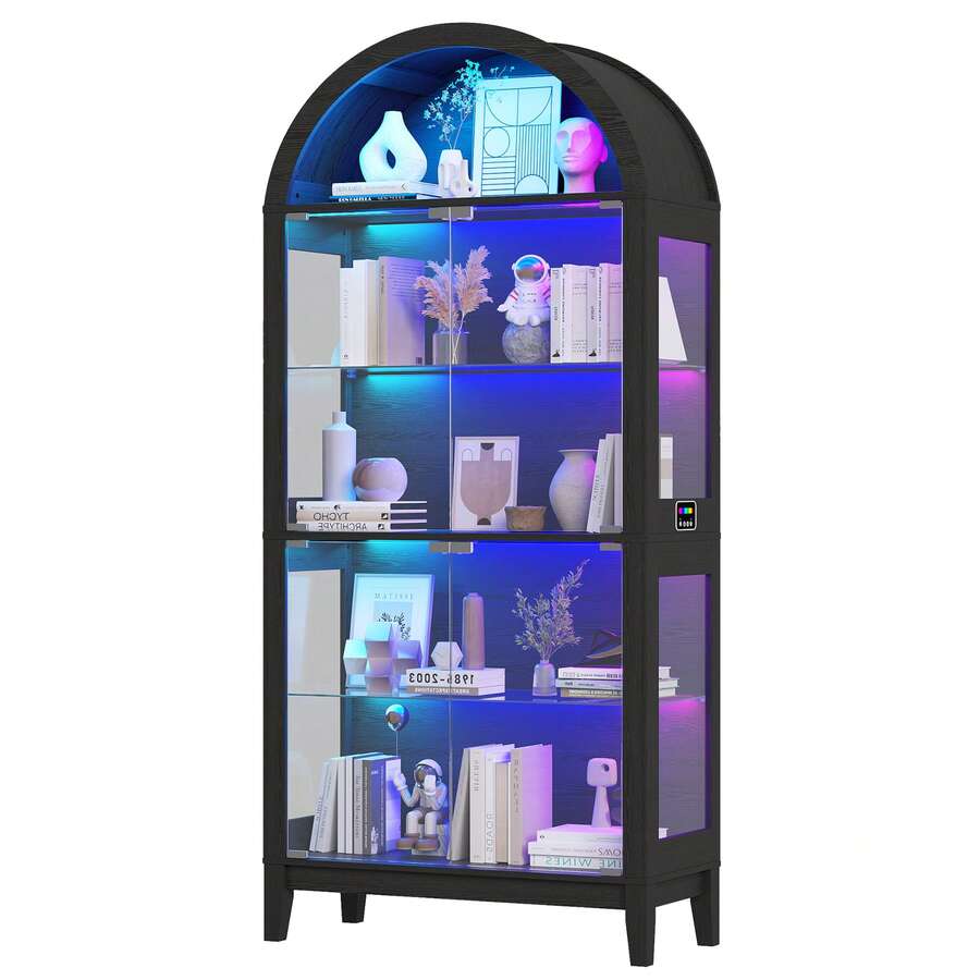 Arched Display Cabinet With - RGB Light,Curio Cabinet With Glass Doors For Collectibles,5-Tiers Tall Display Case With Human Sensor, Bookcase With Glass Shelf For Medal/Figure (Natural) - Xem 1