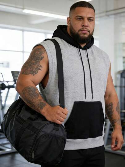 Plus Size Men's Hooded Sports Jacket, Fashionable Casual Top, Summer Casual Top, Black Hooded Top, Suitable For Daily Wear, Ideal For Sports And Vacations, An Excellent Gift For Your Husband, Perfect For The Gym, And A Must-Have Item For Fashionable And Outfits