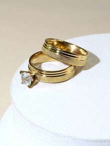 A Pair Of Stainless Steel Rings, European And American Fashion Couple Rings, Stainless Steel Sandblasted Inlaid Wedding Rings, Valentine's Day Gift Rings - Yellow Gold - View 1