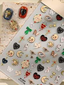 1 pieza Pegatinas de arte de uñas con diseños retro estilo europeo de estrella, pentágono, ojo, abeja, mariposa, insecto, reloj, moño y corazón - Multicolor - Ver 1