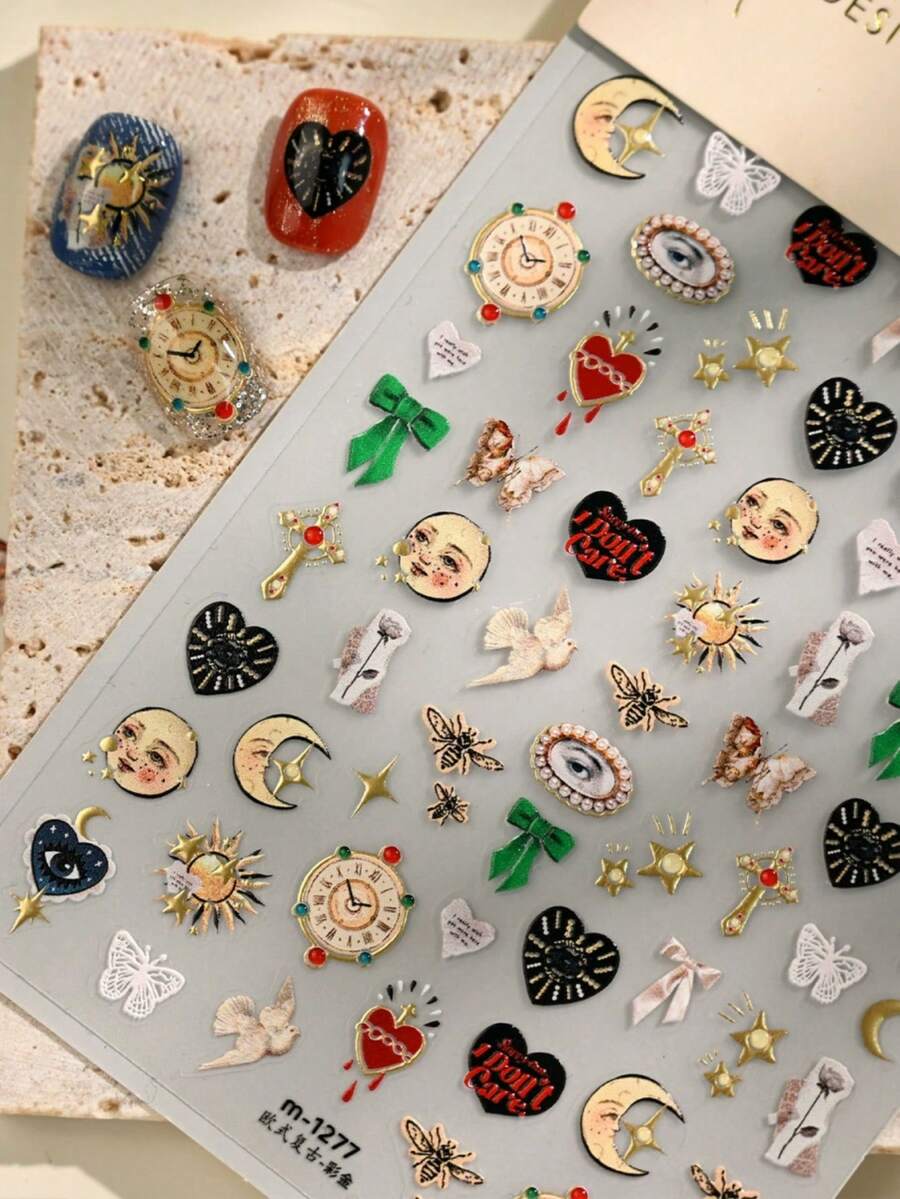 1 pieza Pegatinas de arte de uñas con diseños retro estilo europeo de estrella, pentágono, ojo, abeja, mariposa, insecto, reloj, moño y corazón - Multicolor - Ver 1
