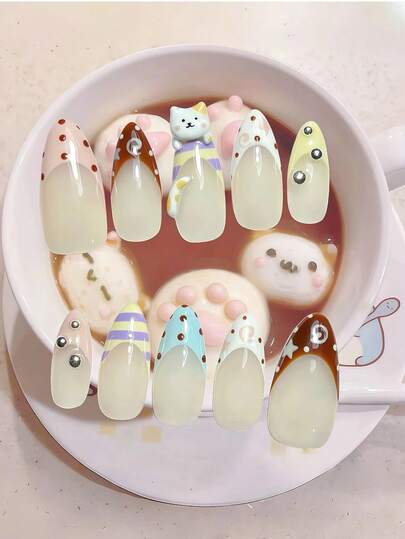 10 Móng Tay Giả Hình Mèo Hồng Dễ Thương, Hình Hạnh Nhân, 3D, Nghệ Thuật Làm Móng Mèo Kawaii, Chấm Bi Pastel, Móng Tay Nhân Vật Thủ Công, Móng Tay Giả Hình Mèo Mềm Mại Cho Bé Gái, Có Thể Tái Sử Dụng, Cứng Cáp, Có Dụng Cụ Đeo, Thích Hợp Làm Quà Tặng