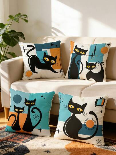 4 件装黑色狐狸图案单面印花枕套（不含枕芯），家居装饰沙发靠垫套，卧室头枕套，汽车座椅靠垫套，房间装饰