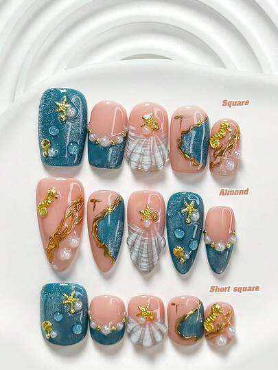 10Pcs Deep-Sea Fairy Tale Style Handmade Nail Art Set,Acrylic Press-On Nails,3D Starfish, Seahorse, Shells Nail Art Accessories,Golden Ocean Outline Nail Art Decorations,Blue Nail Polish, Cat-Eye Effect,Fresh Ocean Style,Comes With Nail Tools(1 Sheets Jelly Stickers+1PC Nail File)3 Sizes Available,Square Nails, Short Square Nails,Almond Nails,Suitable For Reunion,Daily,Party,Photograph,Play,Spring Summer,Commute Supplies Nails