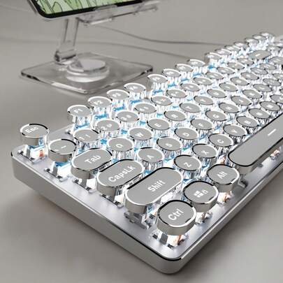 Typewriter Style Wired Mechanical Keyboard, 104 Keys Aesthetic Typewriter Keyboard With White Backlit, Anti-Ghosting, Blue Switch Wired Cute Keyboards-White
