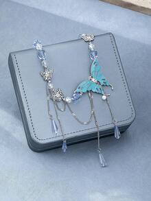 一款时尚朋克复古风个性化蓝色蝴蝶珍珠流苏珐琅项链，适合女性日常佩戴 - 彩色 - 查看 5