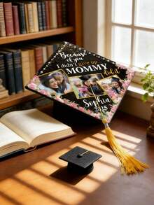 Customized Graduation Cap Topper For Mom, Black & Gold Floral Theme Graduation Cap Decor, Customizable With Name, Quote, Photo, Year, Pearl Style, Easy To Attach, Graduation Gift For Mom, Student - Multicolor - View 6