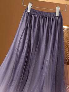 Versatile Minimalist Women's Ombre Mesh A-Line Skirt, Flowy Pleated Skirt With Wide Sheer Hem, Suitable For Brunch , Spring/Summer - Purple - View 5