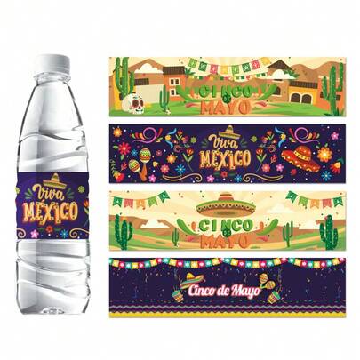 24 piezas Etiquetas adhesivas para botellas de agua estilo carnaval mexicano, decoración para botellas de bebidas, mangas para botellas de agua mineral, etiquetas con tema de Cinco de Mayo, suministros para fiestas de carnaval